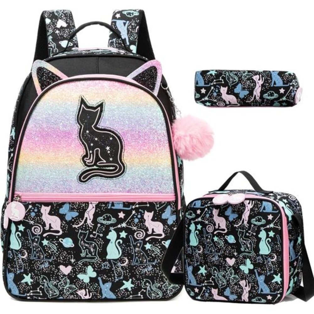 Kids Cute Cat School Backpacks BlackBags with Lunch Box for Girls Ages‎ 8-10